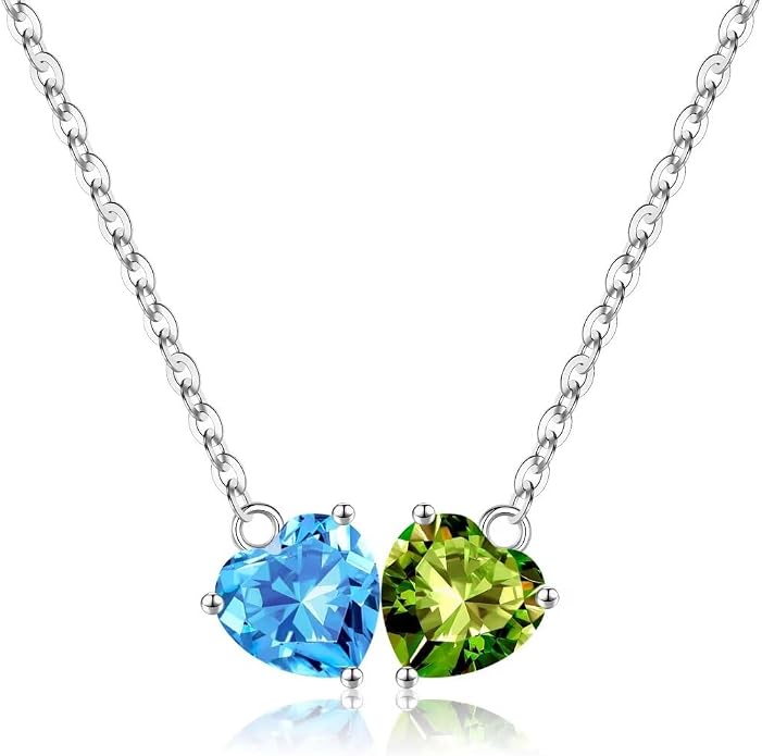 Iefil 1.25Ct Double Heart Birthstone Necklace - 925 Sterling Silver Birthstone Necklace, Birthday Gifts for Women, Jewelry Gifts for Mom Daughter Wife