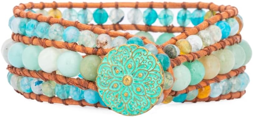YGLINE Boho Handmade Natural Stone Bead 3 Row Wide Wrap Wrist Statment Bracelet Jewelry Collection
