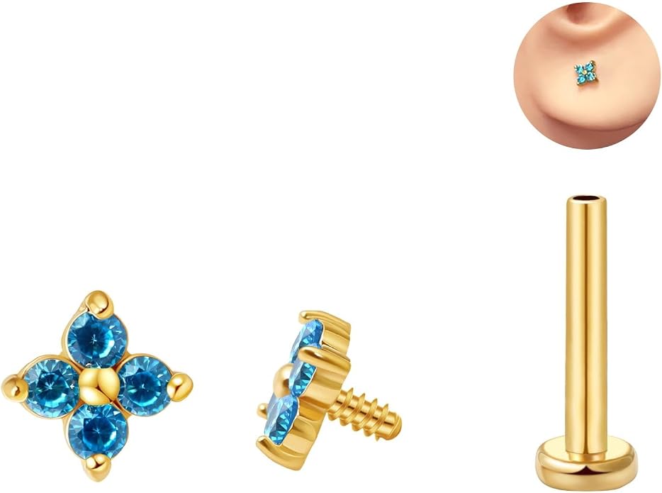 FANSING CZ Flower Internally Threaded Flat Back Earring Labret Stud for Cartilage Tragus Helix Conch