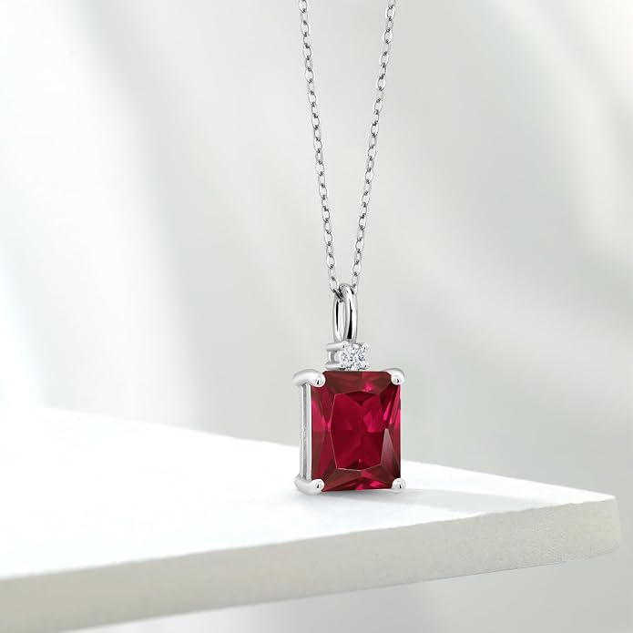 Gem Stone King 925 Sterling Silver Gemstone Birthstone Pendant Necklace for Women | Emerald Cut 10X8MM and Round 2MM | With 18 Inch Chain | Fine Jewelry for Her Mom Wife