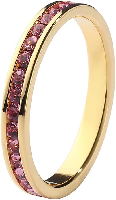 Muses Art Design Birthstone Eternity Band Ring 18K Gold Plated (Channel Set/Full Round), Stacking Fashion Ring with Crystal Birthstone