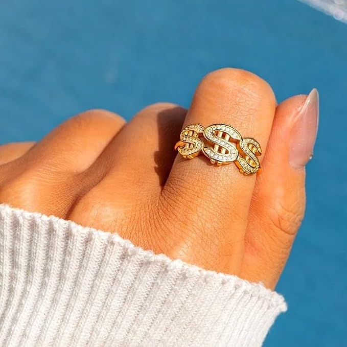 14K Gold Plated Crystal Dollar Sign Statement Rings for Men's and Women's,Cubic Zirconia Hip Hop Dollar Symbol Punk Rock Ring for Rapper Money Amulet Keepsake Rings Jewelry Size 6#