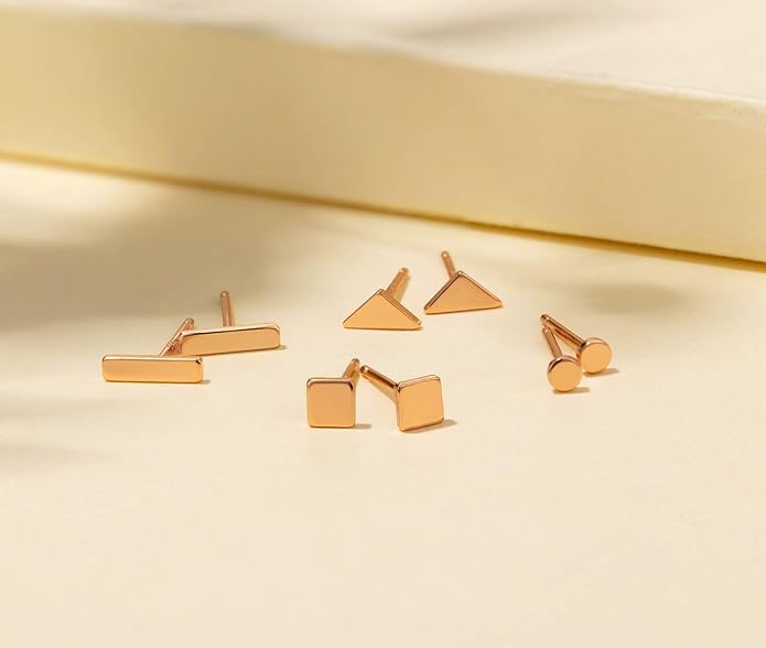 EPIRORA Sterling Silver Stud Earrings for Women Men- 4 Pairs of Hypoallergenic Simple Geometric Small Stud Earring Set Tiny Circle Triangle Square Bar Stud Earrings Mini Cartilage Tragus Earrings