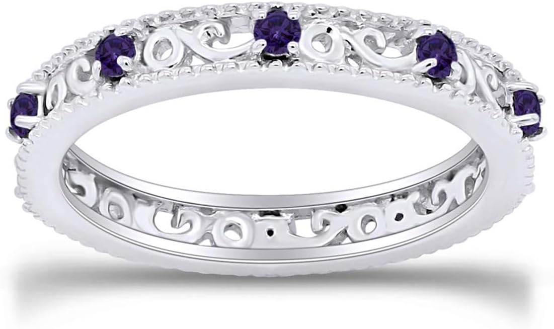 Jewel Zone US Filigree Eternity Wedding Band Ring for Women, Round Cut Simulated Gemstone Stackable Promise Ring in 14K Gold Plated 925 Sterling Silver Band Width 3.5mm – Elegant Jewelry for Her
