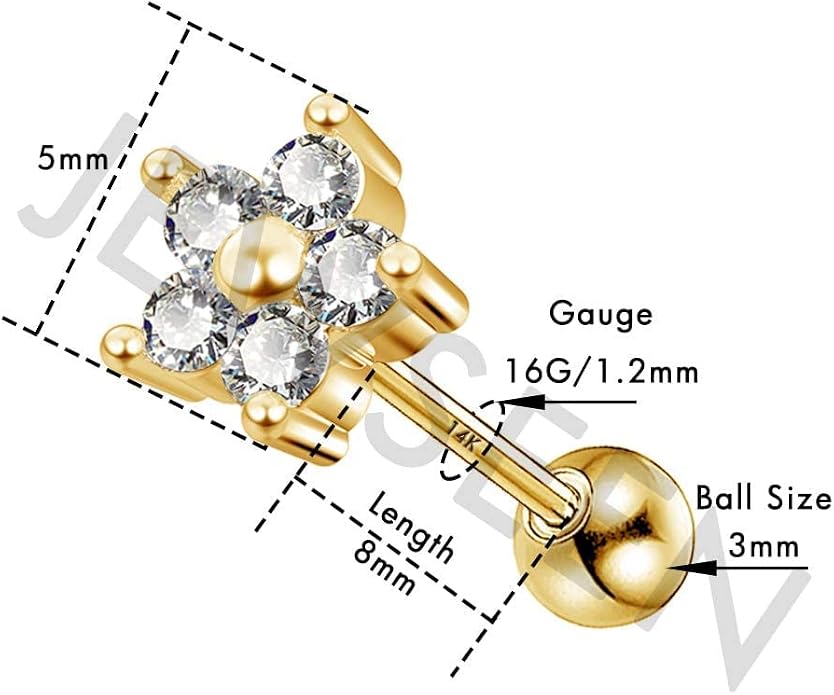 Jewseen 14K Solid Gold Cartilage Earring Opal Cartilage Piercing CZ Flower Helix Piercing Jewelry 16g Tragus Conch Piercing Jewelry Stud Earrings for Women Men
