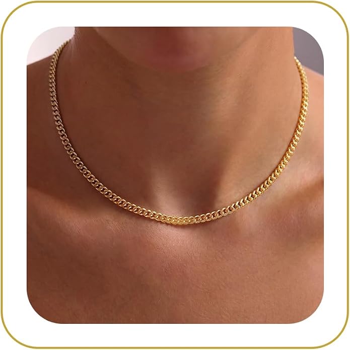 Tewiky Gold Chain Necklace for Women, 14k Gold Plated Thin Beaded Wave Box Necklace Dainty Simple Layered Choker Minimalist Link Chain Necklace Trendy Jewelry for Women