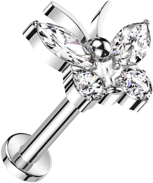 Pierced Owl 16GA ASTM F-136 Implant Grade Titanium Internally Threaded CZ Crystal Butterfly Flat Back Stud