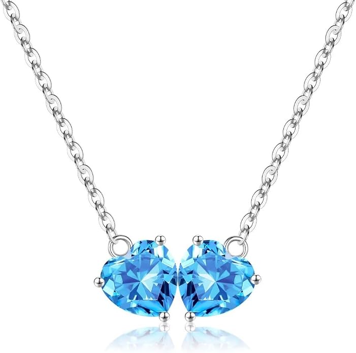 Iefil 1.25Ct Double Heart Birthstone Necklace - 925 Sterling Silver Birthstone Necklace, Birthday Gifts for Women, Jewelry Gifts for Mom Daughter Wife
