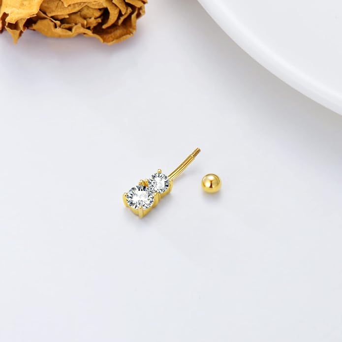 Solid 14K Gold Belly Button Rings for Women 14G 16G Clear CZ/Opal Navel Rings Gold Dangle Belly Button Piercing Jewelry Gift for Women