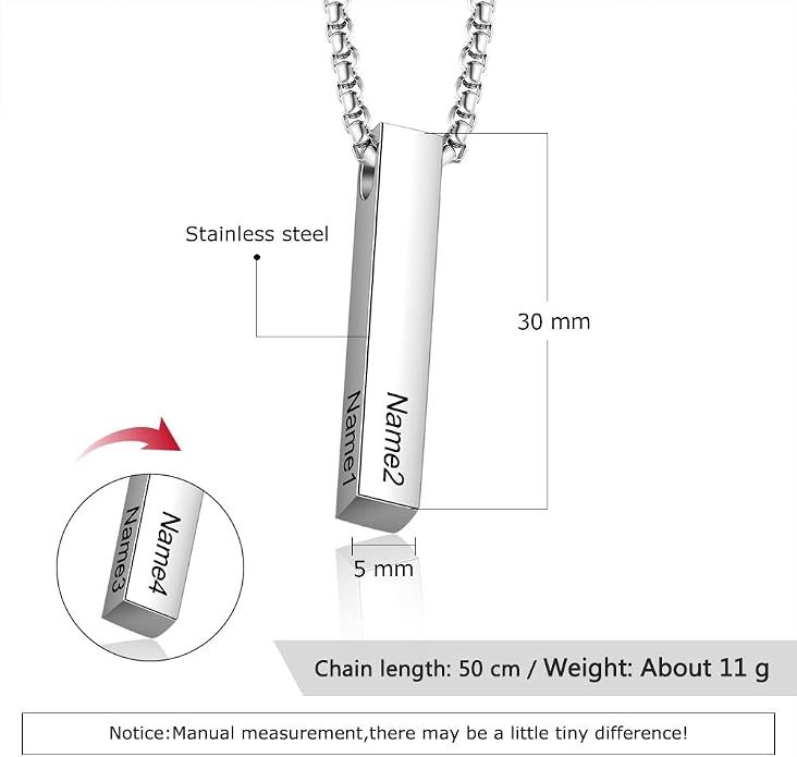 Personalized Men's Name Bar Necklace Engraved Initial Name Stainless Steel Vertical Bar Necklace for Father Husband Boyfriend Birthday