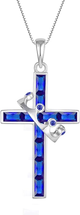 Gemstone Crown Cross Necklaces for Women, 925 Sterling Silver Rectangular cut Zircon Pendant With Rotated Crown Faith Cross Jewelry Gift