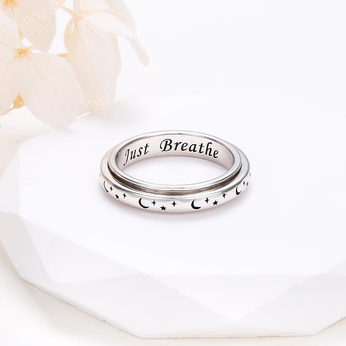 Alphm S925 Sterling Silver Spinner Fidget Anxiety Worry Relieving Boredom ADHD Autism Band Rings