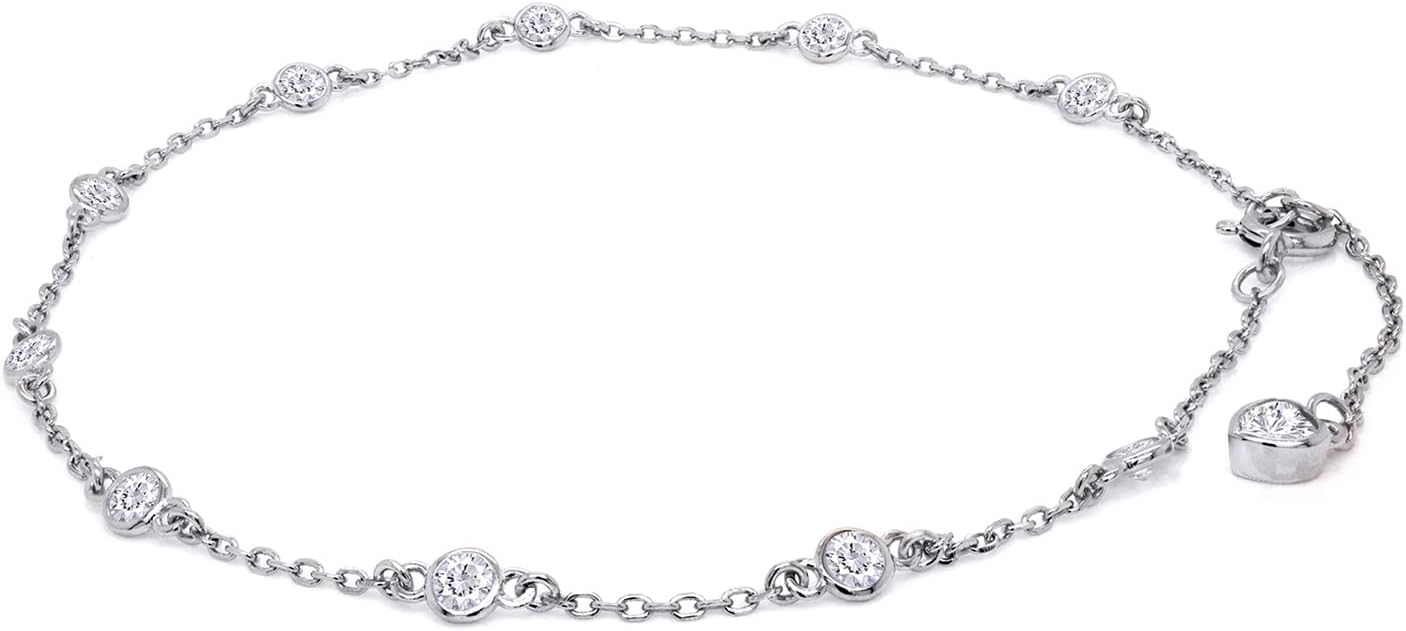 Station Anklet Bracelet For Women 3MM Round Lab Created Moissanite Bezel Set Single Piece Dainty Link Chain Anklet in 14K Gold Plated 925 Sterling Silver 8" to 10" Fine Jewelry