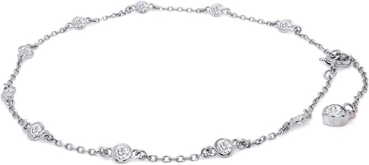 Station Anklet Bracelet For Women 3MM Round Lab Created Moissanite Bezel Set Single Piece Dainty Link Chain Anklet in 14K Gold Plated 925 Sterling Silver 8" to 10" Fine Jewelry