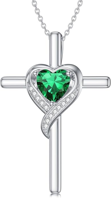 TOUPOP Birthstone Cross Necklace for Women 925 Sterling Silver Heart Cross Pendant Necklace Mothers Day Birthday Jewelry Gifts for Mom Wife Her