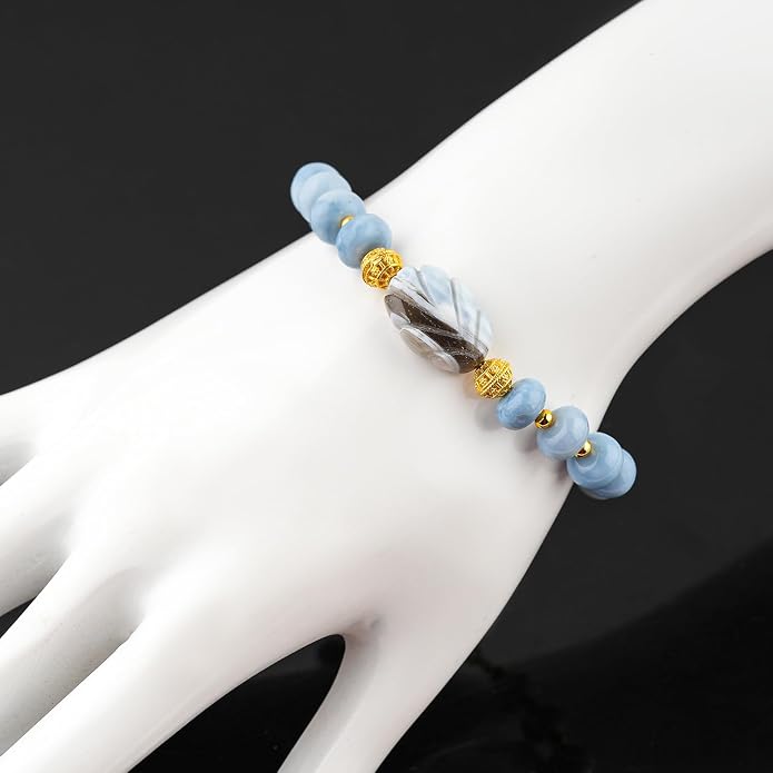 AAA Grade Natural Gemstone Beaded Bracelet, 14K Gold Plated with Evil Charm, Wicca & Reiki Healing Crystals, Handmade Bohemian Jewelry, Christmas Gift for Women (7+1inch)