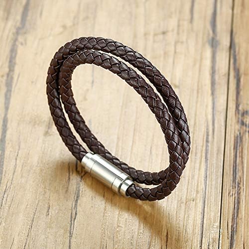 globi Leather Bracelet For Men | Genuine Wrap Braided Leather Cuff Bangle Bracelet with Magnetic Stainless Steel Clasp For Men/Women