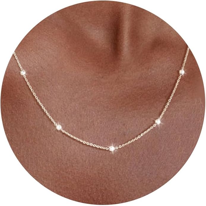 Carffordo 925 Sterling Silver Chain Necklace 16K Gold Plated Beaded Chain Necklace for Women Simple Dainty Choker Necklace Satellite Waterproof Link Necklace Trendy Jewelry Gifts