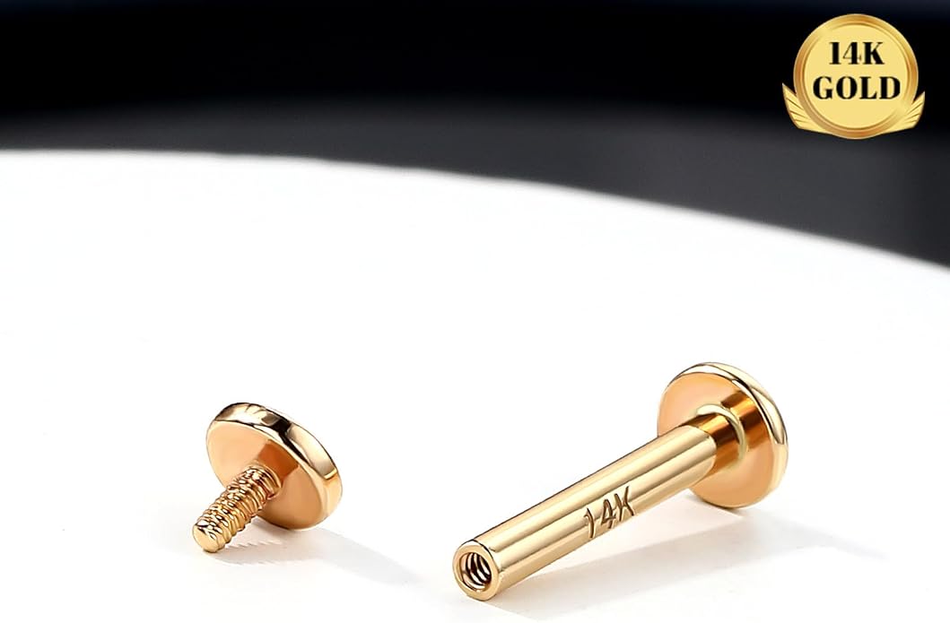Melighting 14K Solid Gold Flat Back Cartilage Earring 16G Helix Piercing Jewelry Internally Threaded Labret 8mm