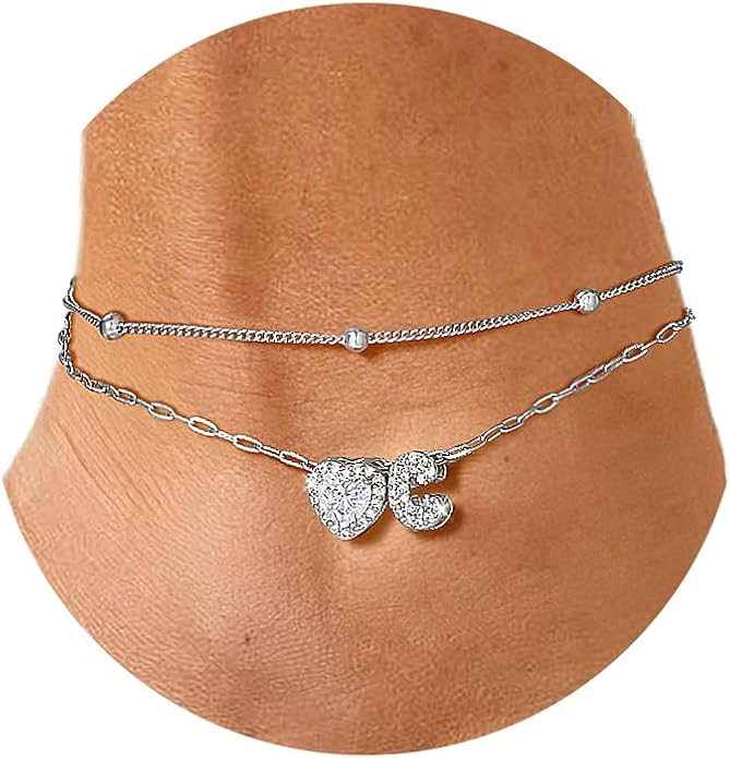 FindChic Silver/14K Gold Plated Layered CZ Initial Ankle Bracelet for Women | Waterproof Stainless Steel, Cubic Zirconia Letter Charm, Non-Tarnish, Hypoallergenic, Adjustable Extender, Summer Jewelry