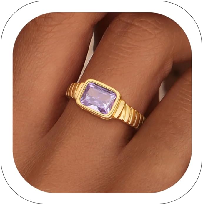 ZHESHY Birthstone Gold Rings for Women Non Tarnish Vintage Gemstone Emerald Rings 14K Gold Plated CZ Signet Thumb Band Rings Jewelry Gift for Birthday Size 6-10