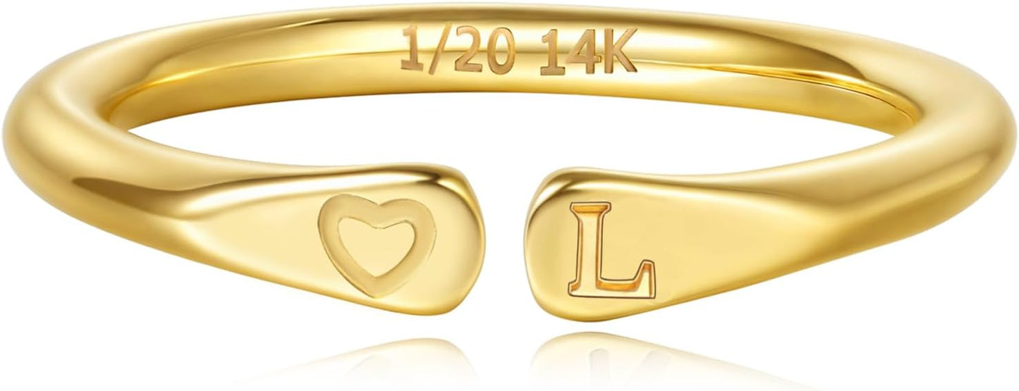 14k Gold Filled Hand Carving Initial Rings for Women Non Tarnish Wedding Heart Shaped Bands for Women