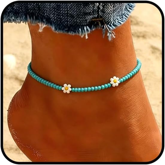 Beaded Chain Ankle Bracelets for Women Waterproof Sunflower Anklets Beachy Vacation Foot Jewelry Gifts