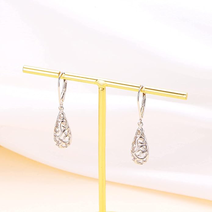 Sterling Silver Leverback Dangle Earrings for Women Teardrop Filigree 14K Gold Plated Dangly Earrings Mother’s Day Gift