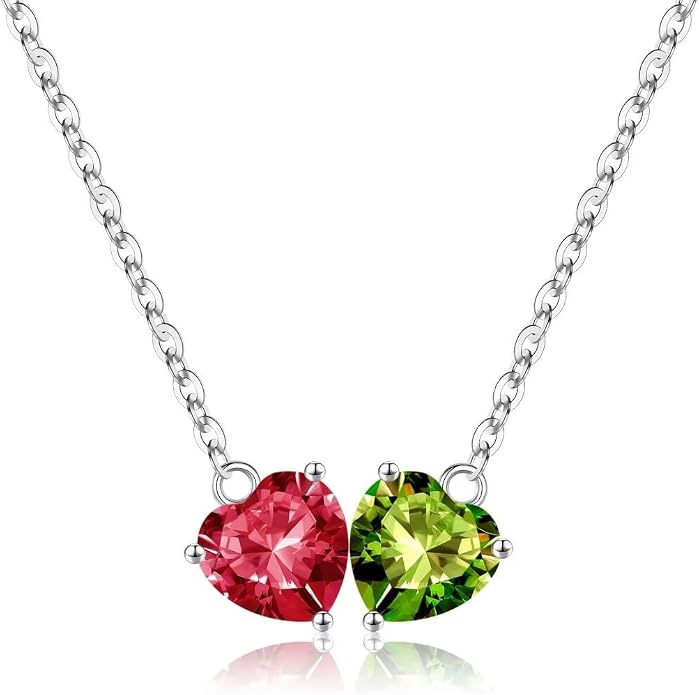 Iefil 1.25Ct Double Heart Birthstone Necklace - 925 Sterling Silver Birthstone Necklace, Birthday Gifts for Women, Jewelry Gifts for Mom Daughter Wife
