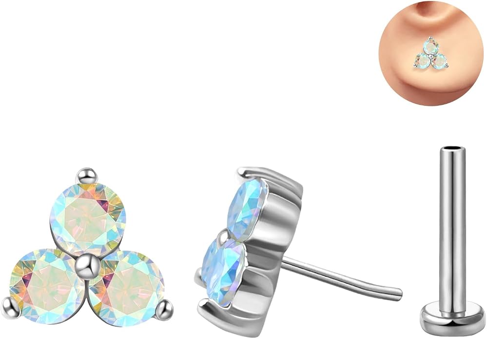FANSING Cartilage Earring Tragus Stud Trio CZ Stone Flat Back Earring for Helix Conch Threadless Push Pin Labret Stud