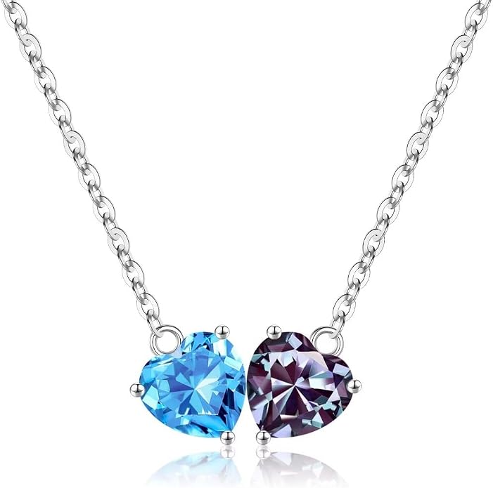 Iefil 1.25Ct Double Heart Birthstone Necklace - 925 Sterling Silver Birthstone Necklace, Birthday Gifts for Women, Jewelry Gifts for Mom Daughter Wife