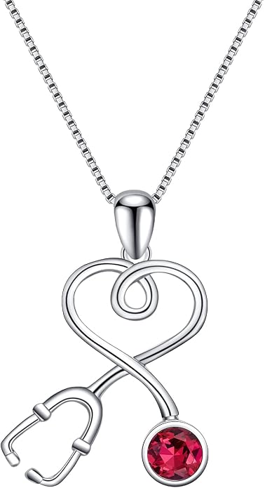 AOBOCO Stethoscope Necklace 925 Sterling Silver Embellished with 12 Months Birthstone Crystals from Austria, Graduation Gifts Medical Jewelry for Doctor Nurse Medical Student RN