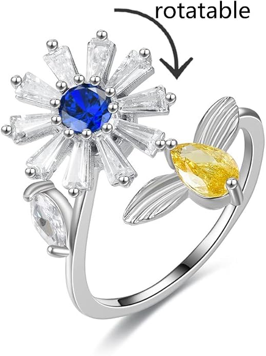 COLORFUL BLING Delicate Silver Cubic Zirconia Daisy Flower Butterfly Fidget Anxiety Rings for Women Adjustable Open Sunflowers Evil Eyes Stress Relief Stackable Rings