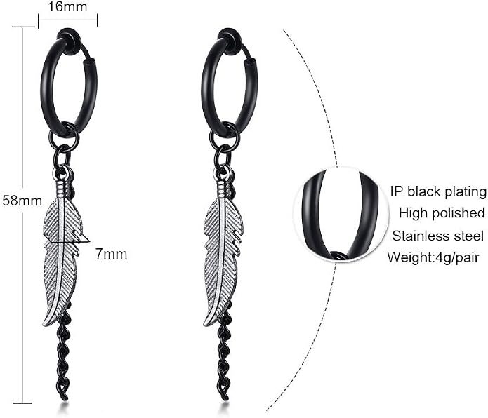VNOX Unisex Vinatge Stainless Clip On Earrings Non Piercing Feather Charm Dangle Hinged Stud Earrings for Men Women Teen