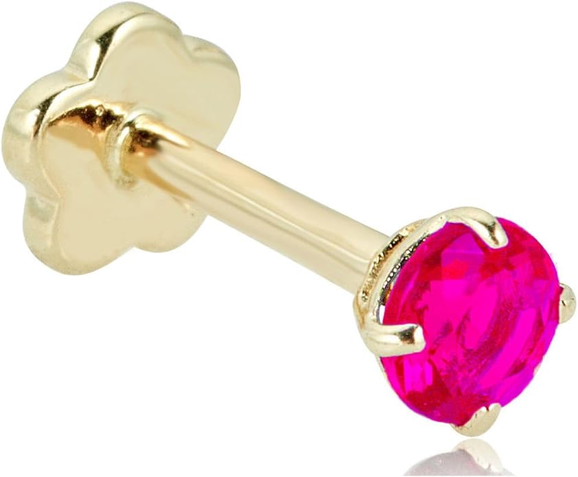 AVORA 14K Yellow/White Gold 3mm Round Simulated Diamond (0.1 carat) Cartilage Piercing Flat Back Earring Body Jewelry (18 Gauge) - Emerald, Ruby, Amethyst, Sapphire, Sim. Diamond