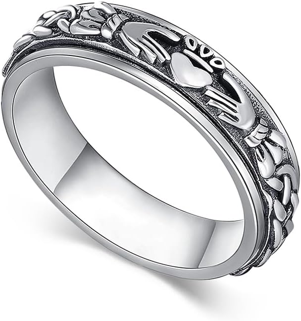 Claddagh Fidget Spinner Rings 18k White Gold Plated Celtic Knot Anxiety Ring Eternity Love Irish Claddagh Jewelry Gifts for Women Men Mom Wife (Size 7-10)
