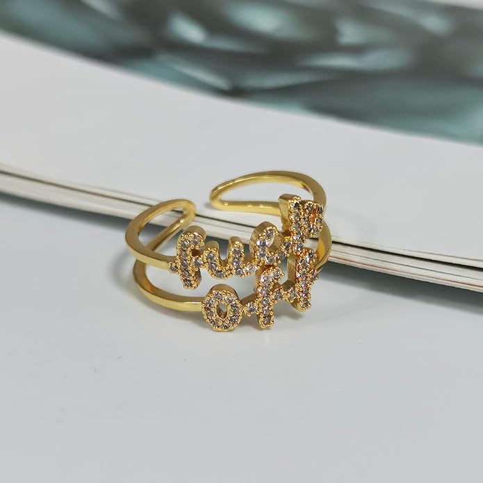 MOROTOLE Women Statement Letters Personalized Ring 18K Gold Plated Open Rings Hypoallergenic Cubic Zirconia Adjustable Rings for Women