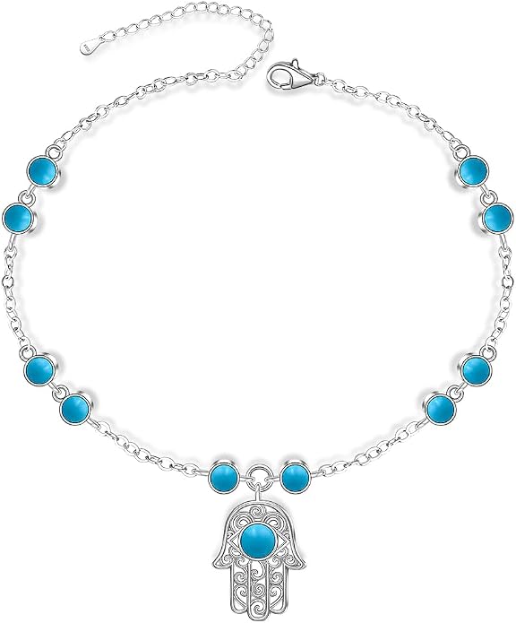Anklets for Women S925 Sterling Silver Hand of Fatima Charm Dainty Evil Eye Hamsa Hand Anklet Adjustable Turquoise Jewelry Mothers Day Gifts for Mom