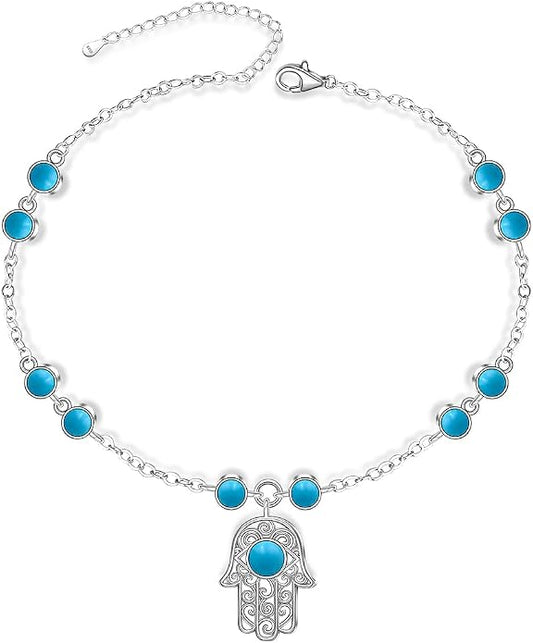 Anklets for Women S925 Sterling Silver Hand of Fatima Charm Dainty Evil Eye Hamsa Hand Anklet Adjustable Turquoise Jewelry Mothers Day Gifts for Mom