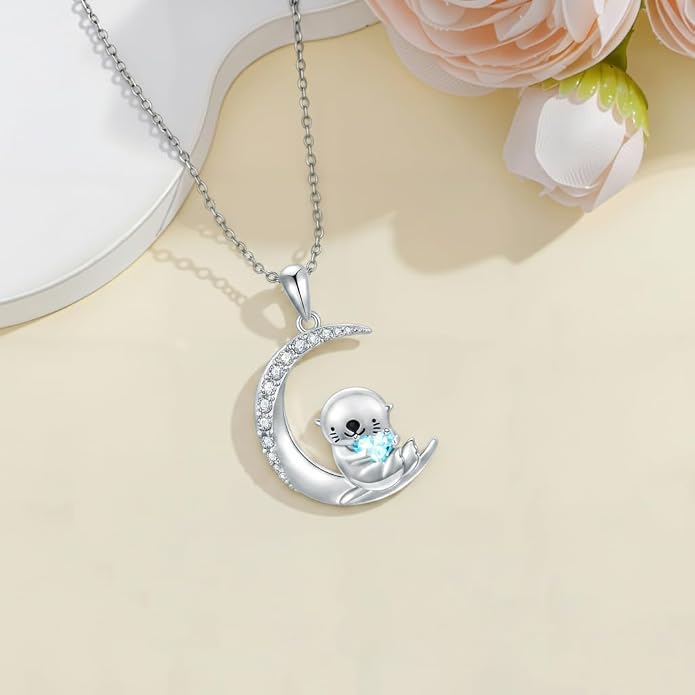 PROESS Animal Birthstone Necklace 925 Sterling Silver Otter/Axolotl/Hippo/Elephant/Dachshund/Monkey/Red Panda Pendant Necklace Animal Birthstone Jewelry Gifts for Women