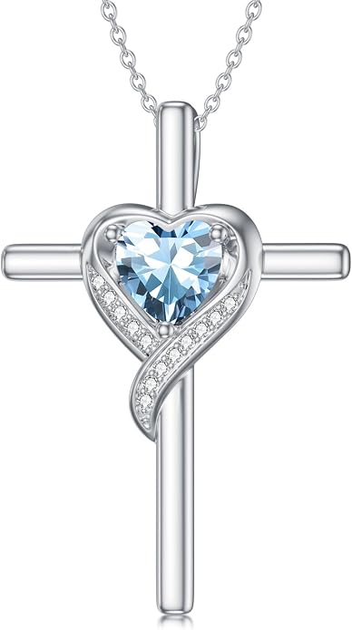 TOUPOP Birthstone Cross Necklace for Women 925 Sterling Silver Heart Cross Pendant Necklace Mothers Day Birthday Jewelry Gifts for Mom Wife Her