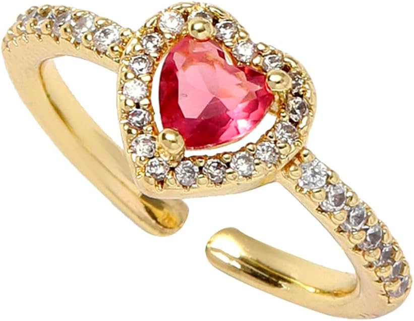 Gold Birthstone Rings for Women Non Tarnish 14k Gold Plated Dainty Heart Rings Adjustable Size Cubic Zirconia Ring Gold Simulated Gemstone Rings Birthday Gifts for Women