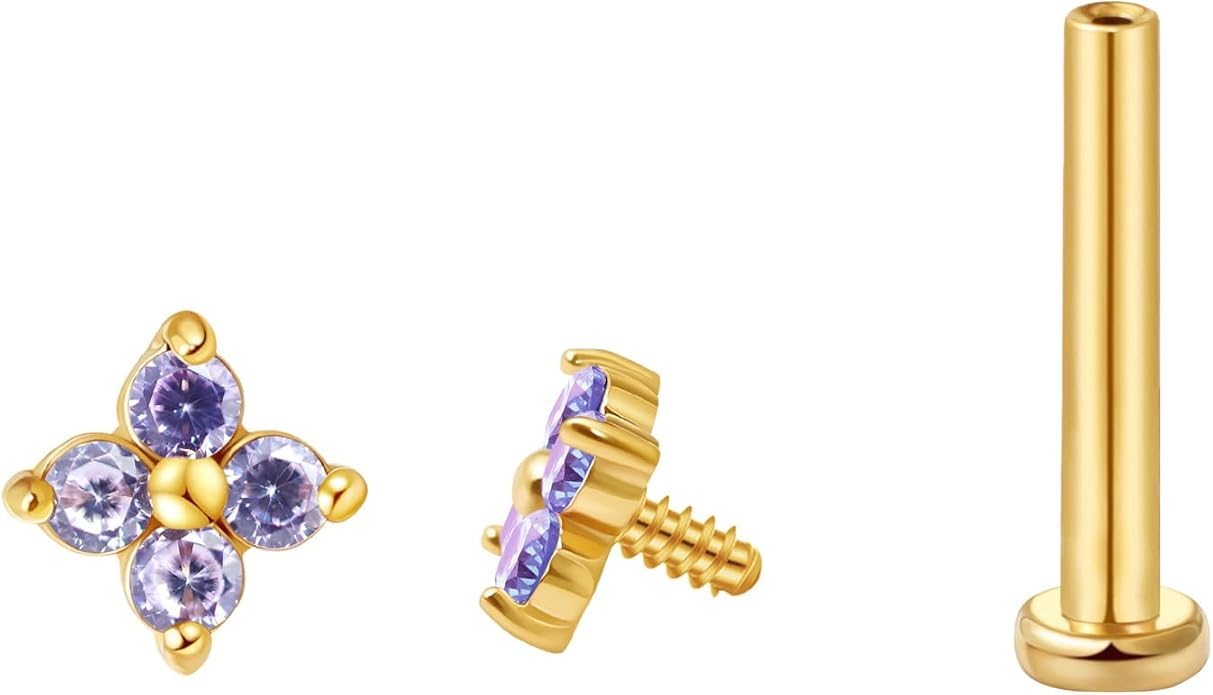 FANSING CZ Flower Internally Threaded Flat Back Earring Labret Stud for Cartilage Tragus Helix Conch