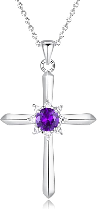 FANCIME Birthstone Cross Necklace for Women Sterling Silver Birthstone Necklace Halo Infinity Cross Pendant Necklace Fine Jewelry Valentines Day Gifts Birthday Holiday Gifts for Her, 16"+2" Inches