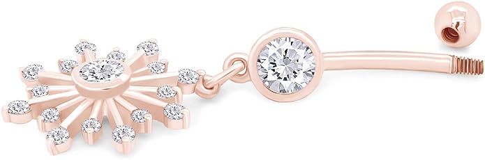 AFFY Snowflake Belly Button Ring for Women Simulated Birthstone, Round Cut Gemstone in 14K Gold Over 925 Sterling Silver, Navel Barbell Piercing Jewelry for Her
