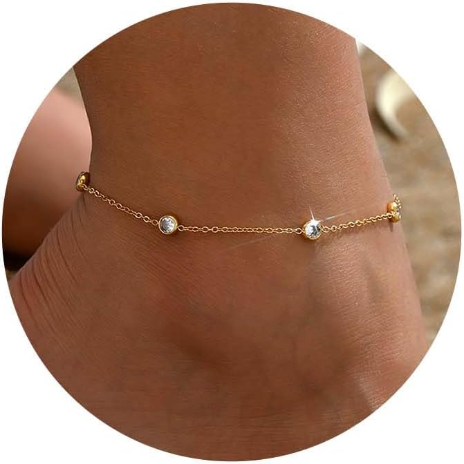 Dainty Ankle Bracelets for Women 18K Gold Plated Satellite Beaded Herringbone Lip Chain Anklets Simple Minimalist Summer Beach Foot Jewelry Christmas Gifts