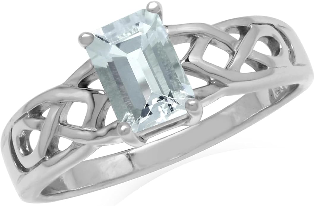 Silvershake 7X5mm Octagon Shape Birthstone Gemstone White Gold Plated or Yellow Gold Plated 925 Sterling Silver Scroll/Filigree Celtic Knot Solitaire Ring Jewelry for Women