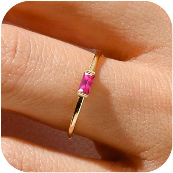 RLMOON Birthstone Rings for Women Non Tarnish Gold Stackable Rings Dainty 14K Gold/Silver Plated Baguette CZ Emerald Green Pinky Ring Personalized Jewelry Gift for Birthday Size 4-10