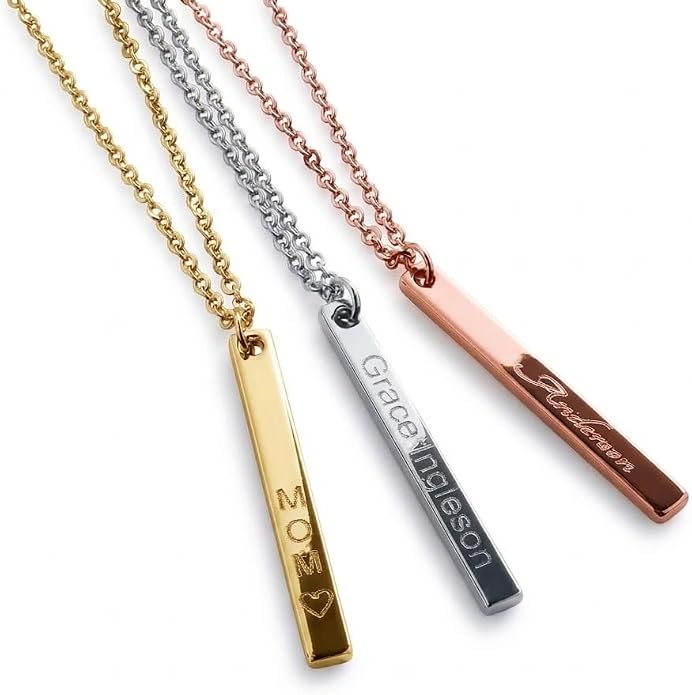 Personalized Vertical Bar Name Necklace, Custom Engraved His and Hers Couples Pendant in Old English Cursive or Block Script, 16K Gold Silver Plated Stainless Steel, Anniversary Birthday Gift