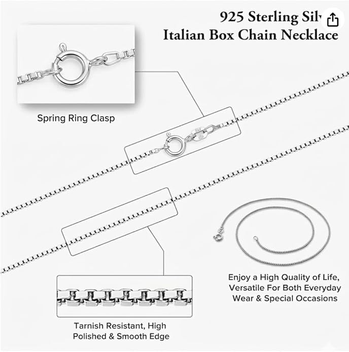 925 Sterling Silver Italian Box Chain Necklace - Secure Clasp, Perfect for Layering - Durable Necklace & Bracelet Chains for Everyday & Special Occasions